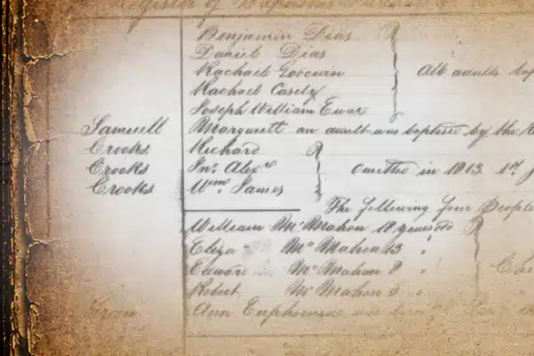 Early 19th-century Jamaican baptism record showing John Alexander Crooks, an ancestor in the Crooks family lineage