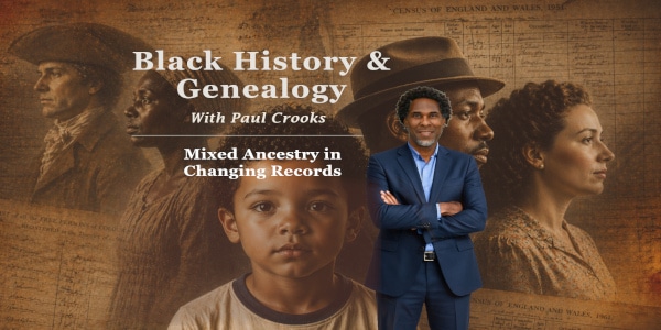 Promotional graphic for a Black ancestry talk titled “Mixed Ancestry in Changing Records” showing how identity labels shift across historical records
